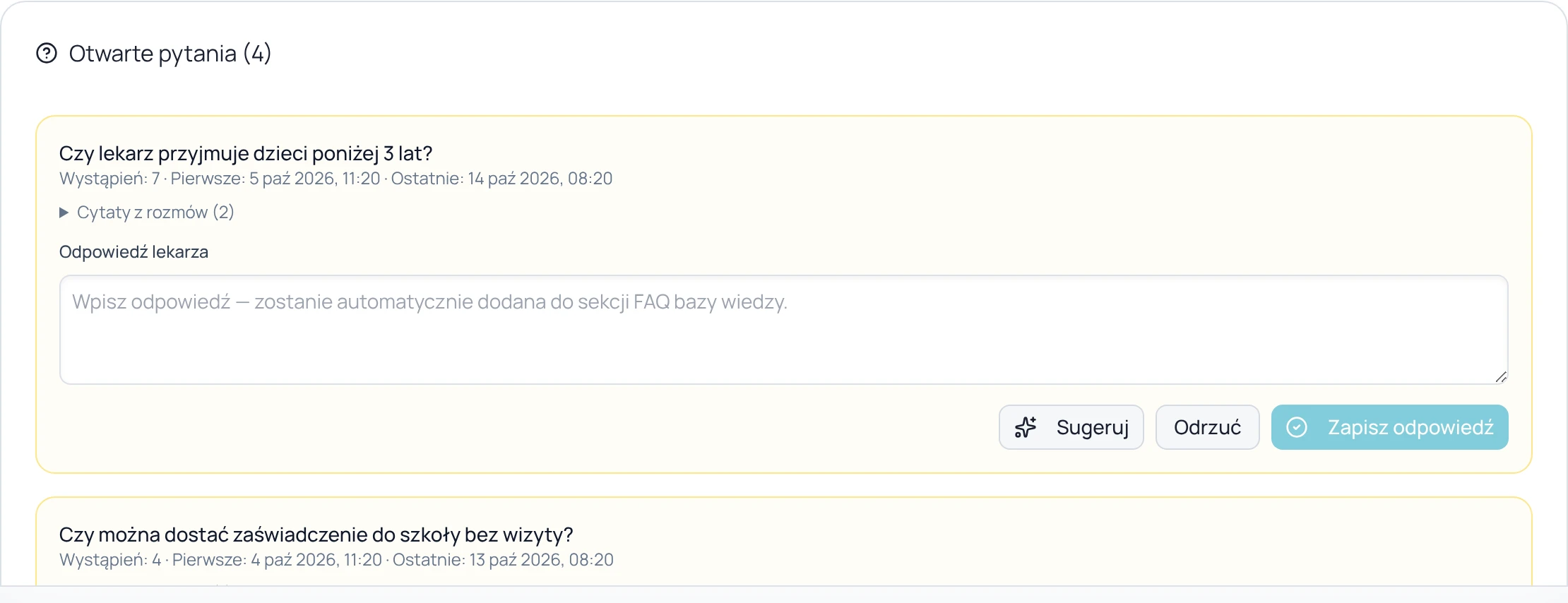 Panel 4SupAI, pytanie „Czy lekarz przyjmuje dzieci poniżej 3 lat?”, które padło w 7 rozmowach, z polem odpowiedzi i przyciskiem Sugeruj