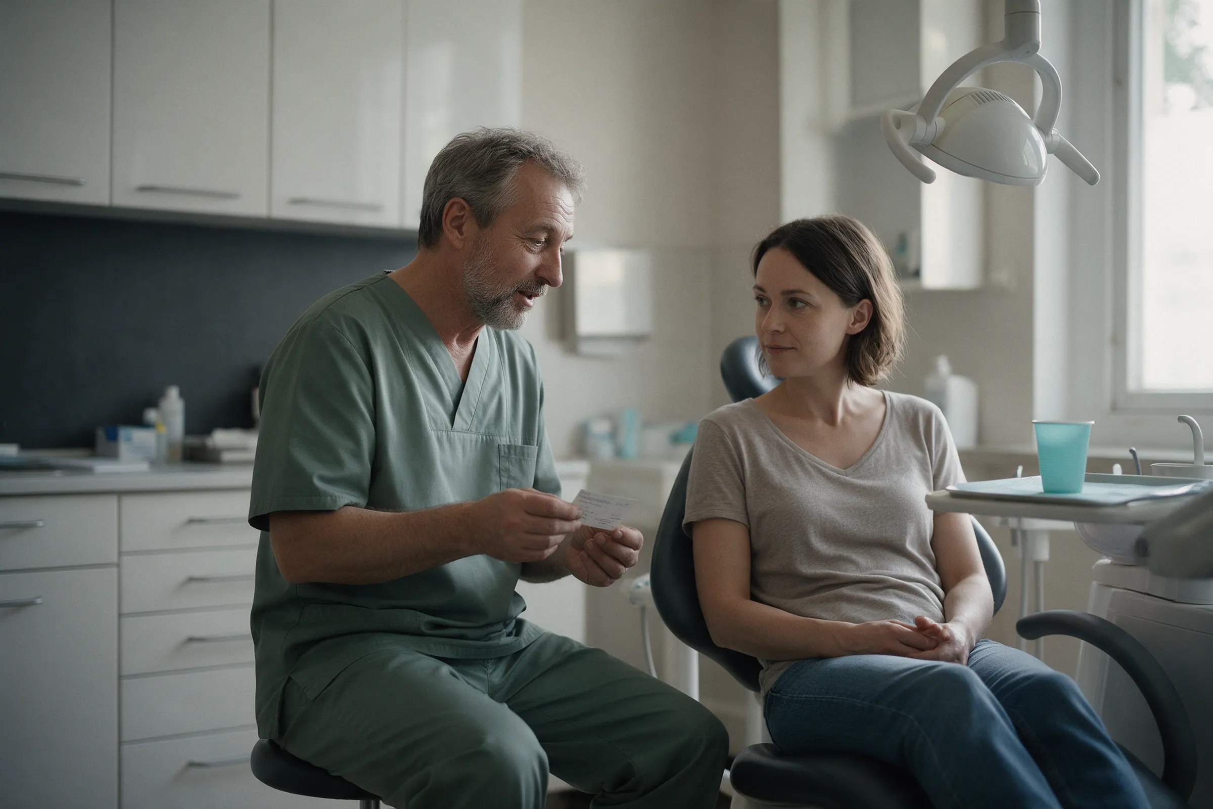Dentysta rozmawia z pacjentką w gabinecie