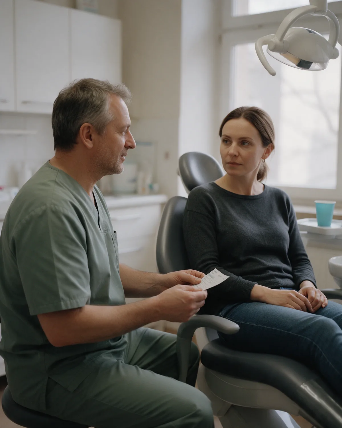 Dentysta rozmawia z pacjentką o kolejnej wizycie