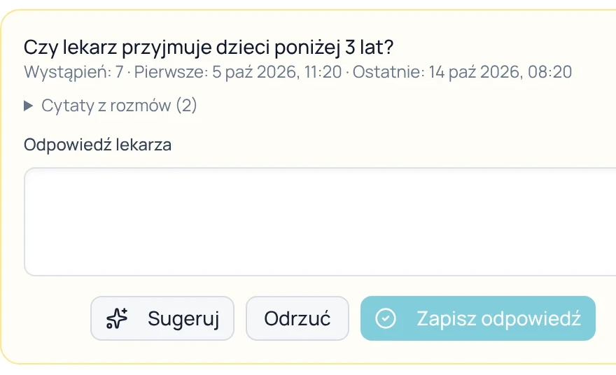 Panel 4SupAI, pytanie do uzupełnienia „Czy lekarz przyjmuje dzieci poniżej 3 lat?”: 7 wystąpień, cytaty z rozmów i puste pole „Odpowiedź lekarza”.