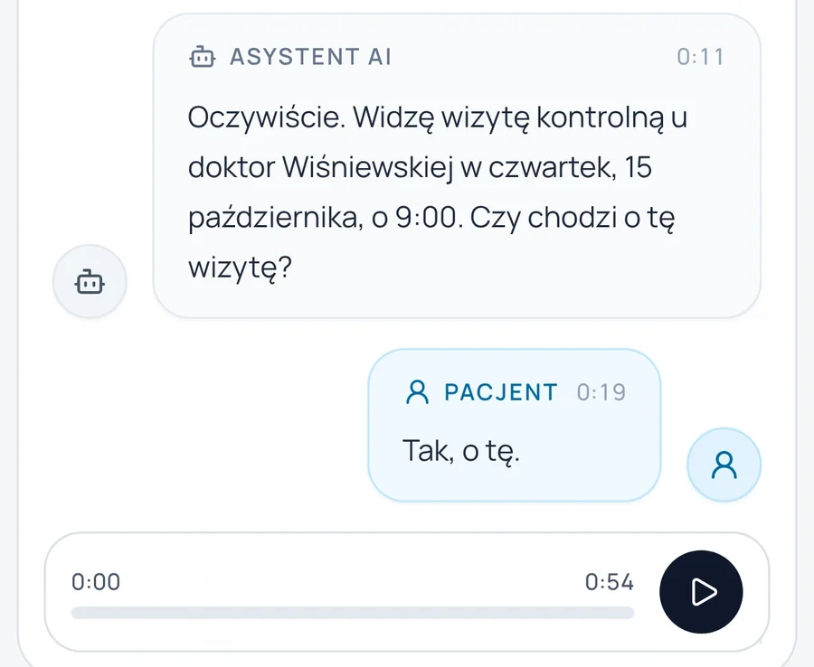 Panel 4SupAI w telefonie, transkrypcja rozmowy z 14 października: asystent potwierdza wizytę kontrolną u doktor Wiśniewskiej w czwartek 15 października o 9:00, pacjentka odpowiada „Tak, o tę”, a pod spodem jest odtwarzacz nagrania trwającego 0:54.